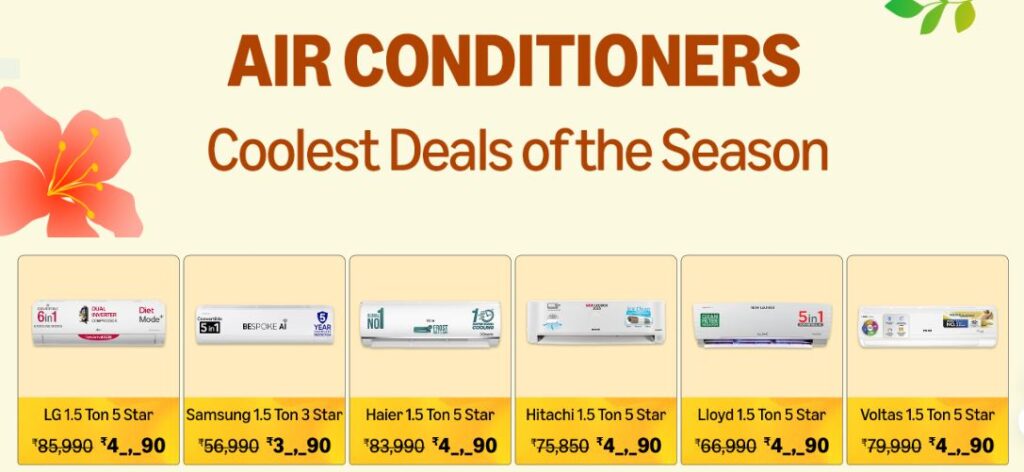 Top 6 Air Conditioners in India – LG, Samsung, Haier, Hitachi, Lloyd, and Voltas with prices and features for Summer 2025.