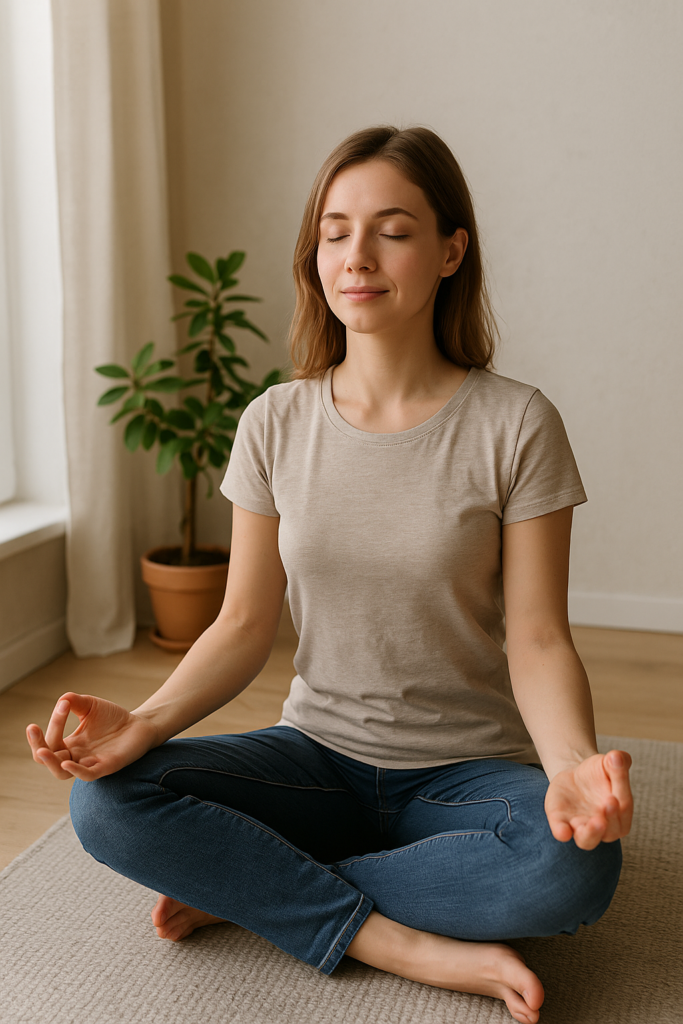 A woman meditating peacefully in a quiet room with soft natural light – symbolizing mindfulness and inner peace.