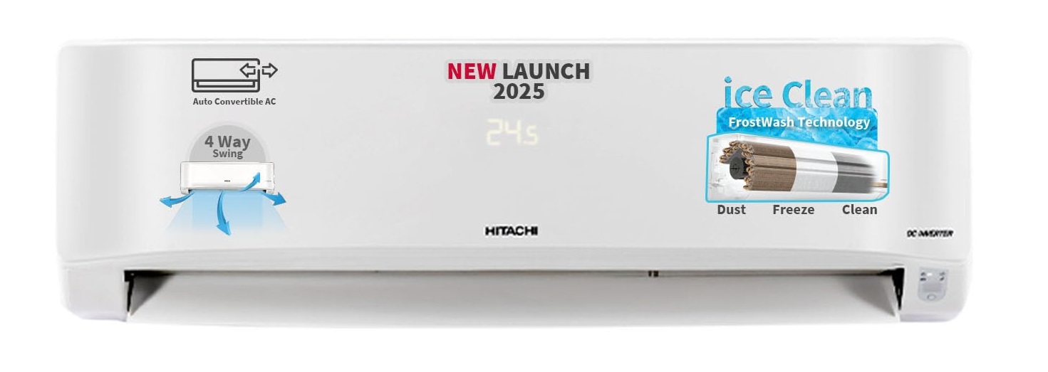 A white Hitachi split air conditioner labeled "New Launch 2025," featuring "Ice Clean" with FrostWash technology (Dust, Freeze, Clean), Auto Convertible AC, 4-way swing, and DC Inverter. The display shows 24°C.