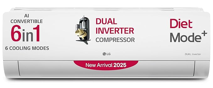 A white LG 1.5-ton split air conditioner with red and black text highlighting features like "AI Convertible 6 in 1," "Dual Inverter Compressor," "Diet Mode+," and "New Arrival 2025." The unit showcases 6 cooling modes and dual inverter technology.