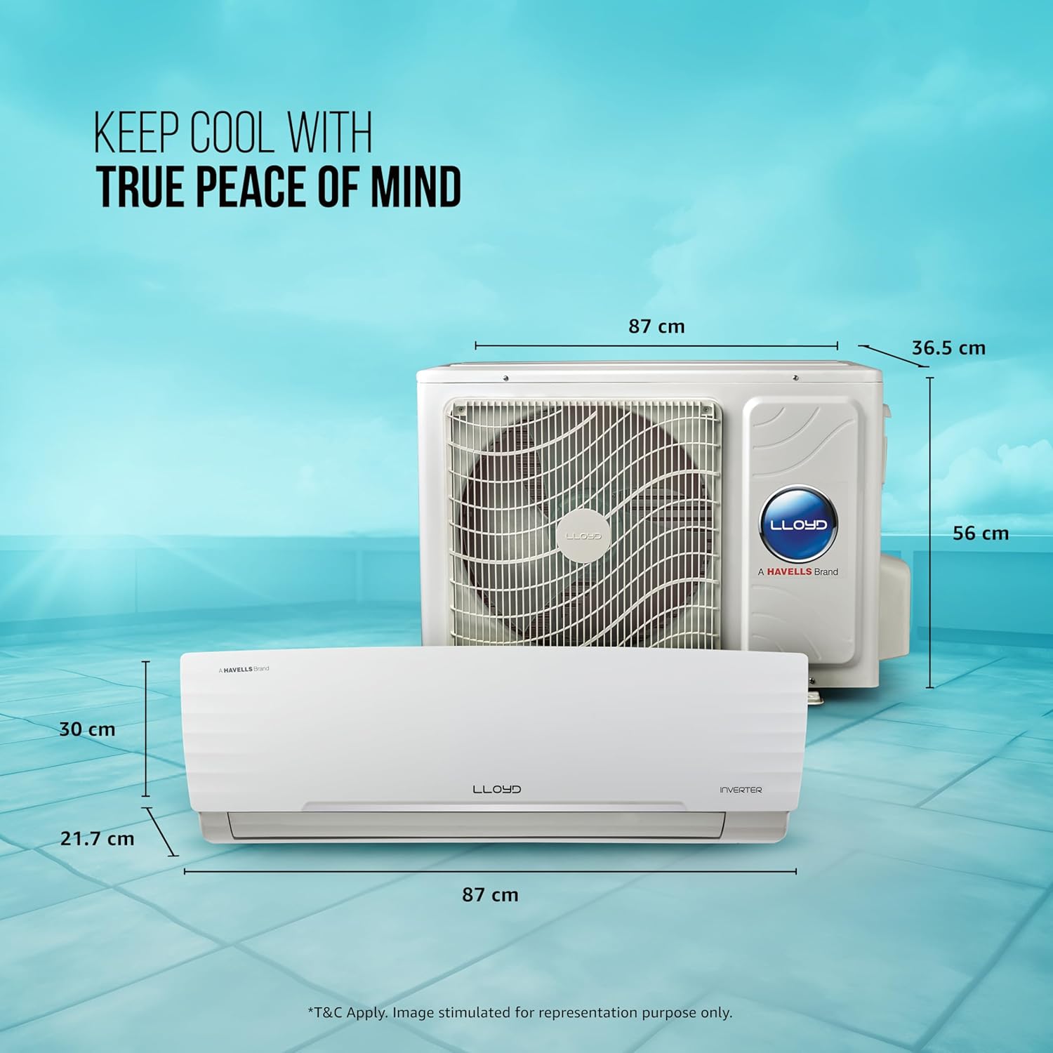 Lloyd 1.5 Ton Inverter Split AC with indoor and outdoor unit dimensions displayed, offering efficient cooling and peace of mind.