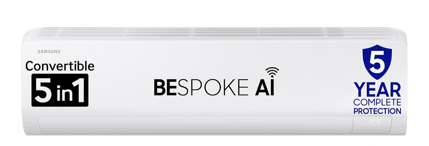 A white Samsung Bespoke AI split air conditioner with black and blue text highlighting "Convertible 5 in 1," "Bespoke AI" with Wi-Fi connectivity, and "5 Year Complete Protection" logo.
