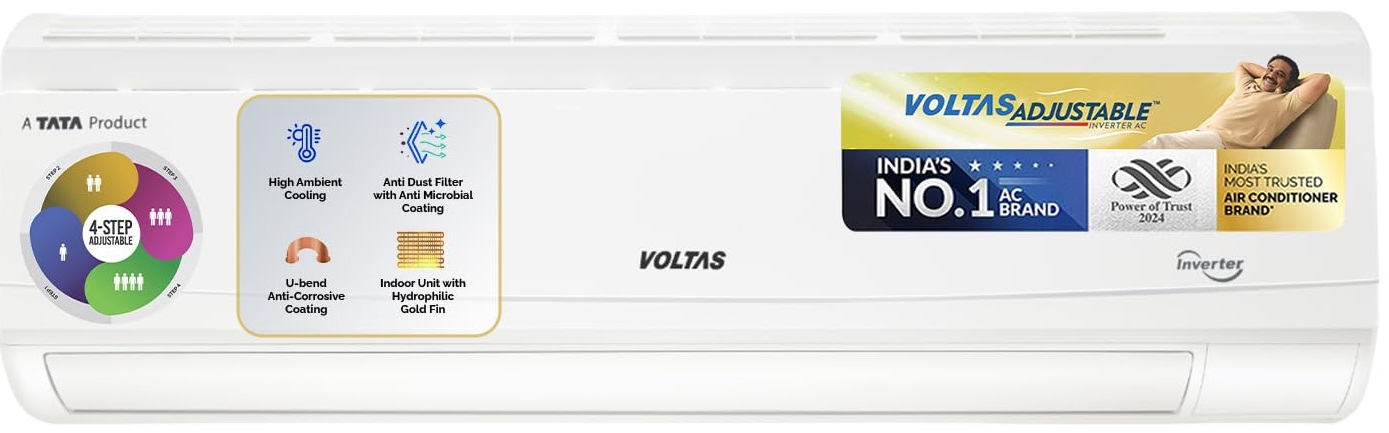Voltas Adjustable Inverter AC with 4-step adjustable cooling, anti-dust filter, high ambient cooling, and hydrophilic gold fin – India’s No.1 AC brand.