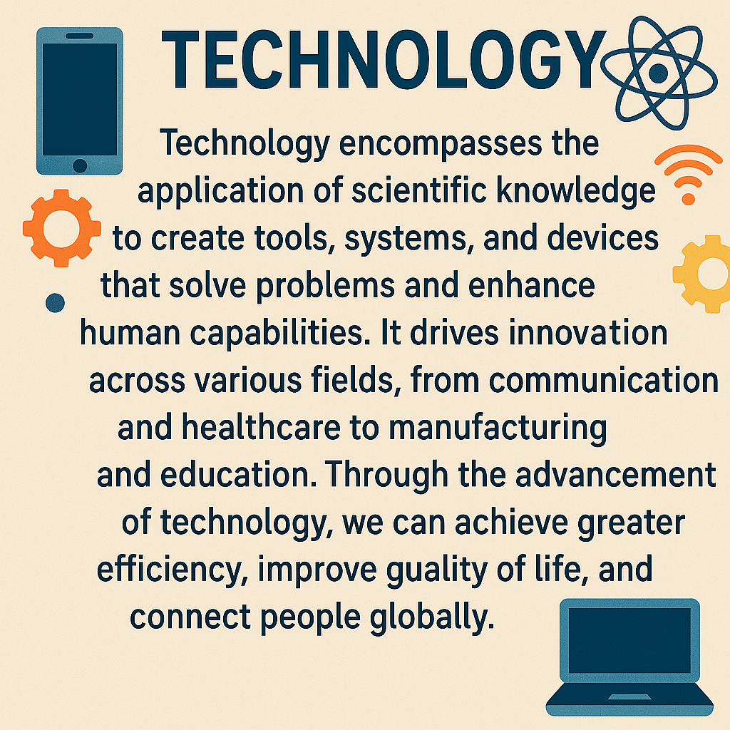 "Simple graphic explaining what is technology with icons like smartphone, Wi-Fi, and lightbulb on a beige background."