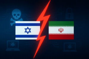 Digital illustration showing Israel and Iran flags divided by a red lightning bolt, with cyber warfare symbols in the background representing the 2025 cyber conflict.