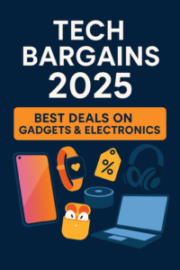 Tech Bargains 2025 banner with icons of discounted gadgets and electronics on a blue background.