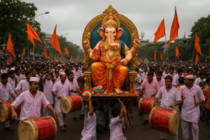 " Ganeshotsav Ganesh Visarjan procession with devotees dancing to dhol-tasha beats"