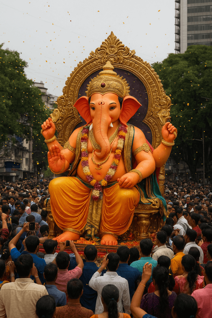 During Ganeshotsav Lalbaugcha Raja Ganesh idol in Mumbai.