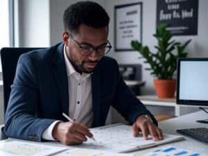A person in a modern, organized office writing on a calendar at a desk with a computer, plants, and office supplies, representing strategies for working smarter and improving productivity.