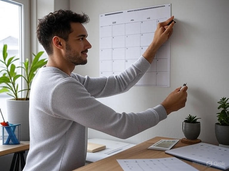A person in a clean, organized workspace writing on a wall-mounted calendar, surrounded by plants, a desk with papers, and a computer, illustrating tips for working smarter and boosting productivity.