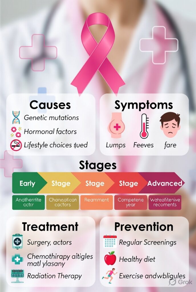 Infographic guide on breast cancer showing causes, symptoms, stages, treatment options, and prevention tips with prominent pink ribbon symbol for breast cancer awareness.