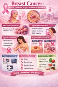 Breast Cancer infographic showing causes, symptoms, stages, diagnosis methods, treatment options, and prevention tips with awareness ribbon