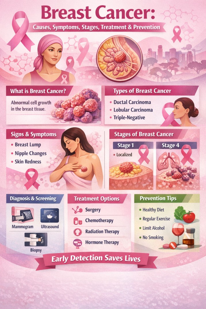 Breast Cancer infographic showing causes, symptoms, stages, diagnosis methods, treatment options, and prevention tips with awareness ribbon