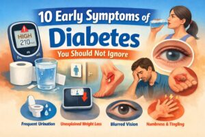 Early Symptoms of Diabetes infographic showing frequent urination, excessive thirst, fatigue, blurred vision, and other warning signs of diabetes.