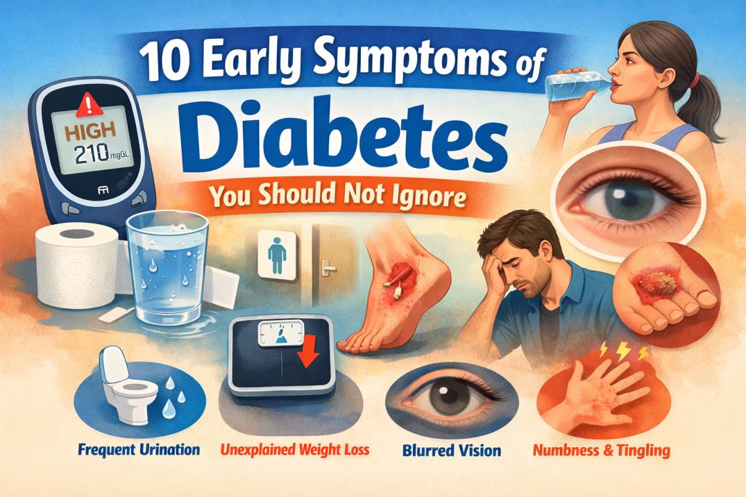 Early Symptoms of Diabetes infographic showing frequent urination, excessive thirst, fatigue, blurred vision, and other warning signs of diabetes.