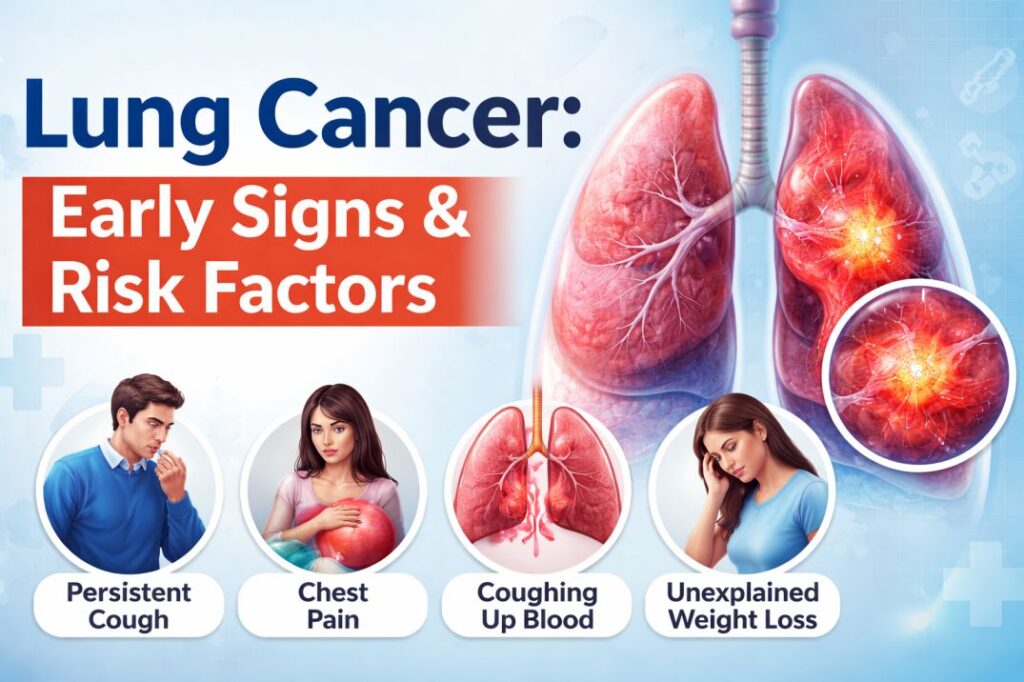 Lung Cancer Early Signs illustration showing lungs with tumor, persistent cough, chest pain, coughing blood, and weight loss symptoms