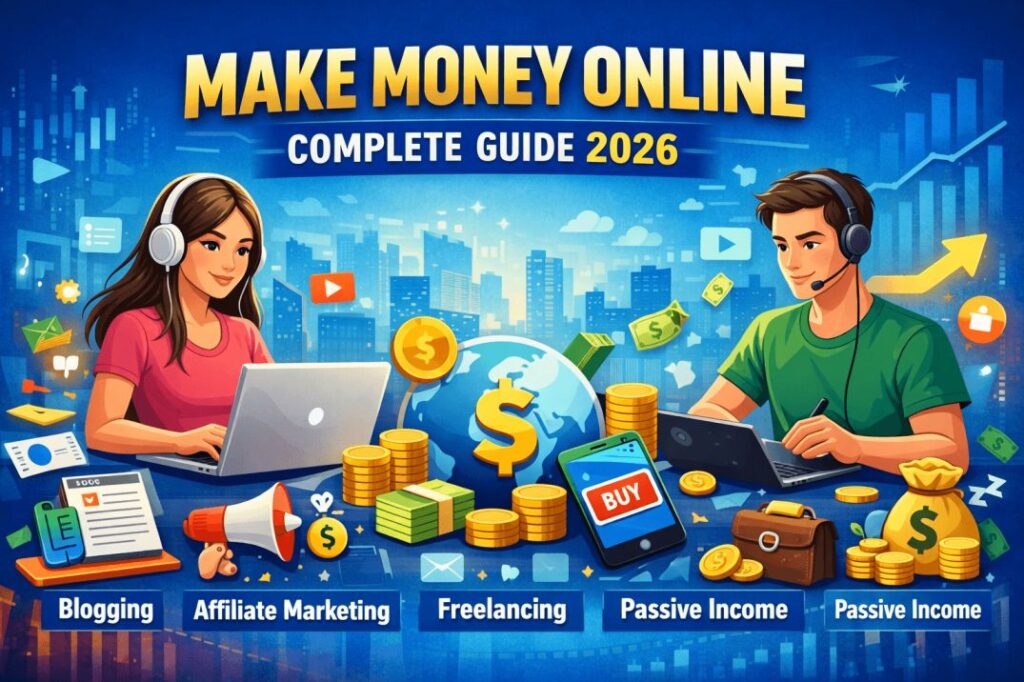 Make money online illustration showing blogging, affiliate marketing, freelancing, and passive income methods in 2026