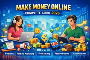 Make money online illustration showing blogging, affiliate marketing, freelancing, and passive income methods in 2026