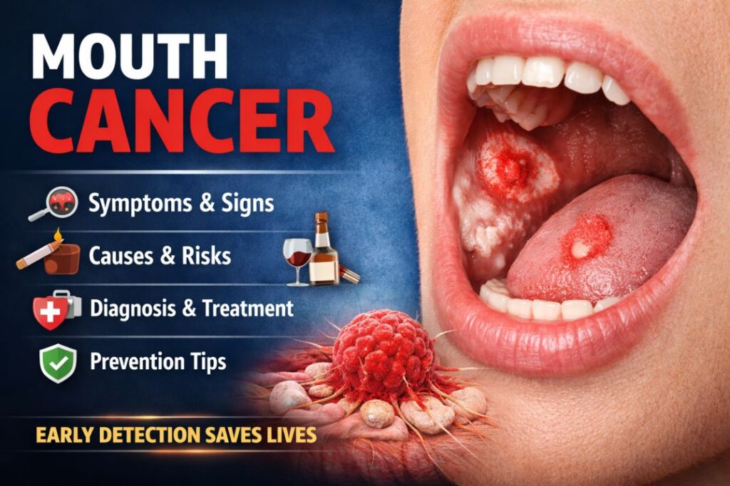 Mouth Cancer symptoms showing ulcers and red patches on the tongue and inner mouth