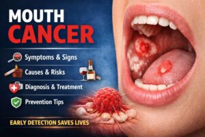 Mouth Cancer symptoms showing ulcers and red patches on the tongue and inner mouth