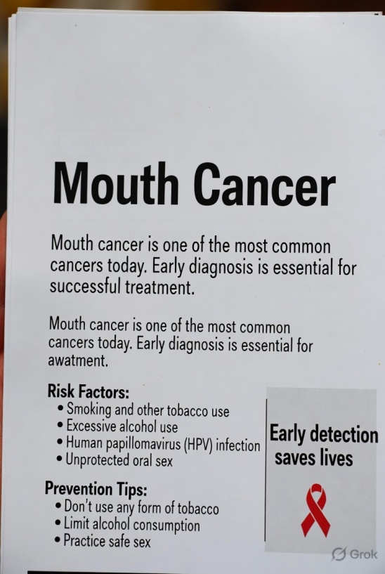 Infographic about mouth cancer awareness showing title "Mouth Cancer", key risk factors (smoking, alcohol, HPV, unprotected oral sex), warning symptoms (persistent sores, red/white patches, difficulty swallowing), prevention tips, and the message "Early detection saves lives" with a red ribbon symbol.