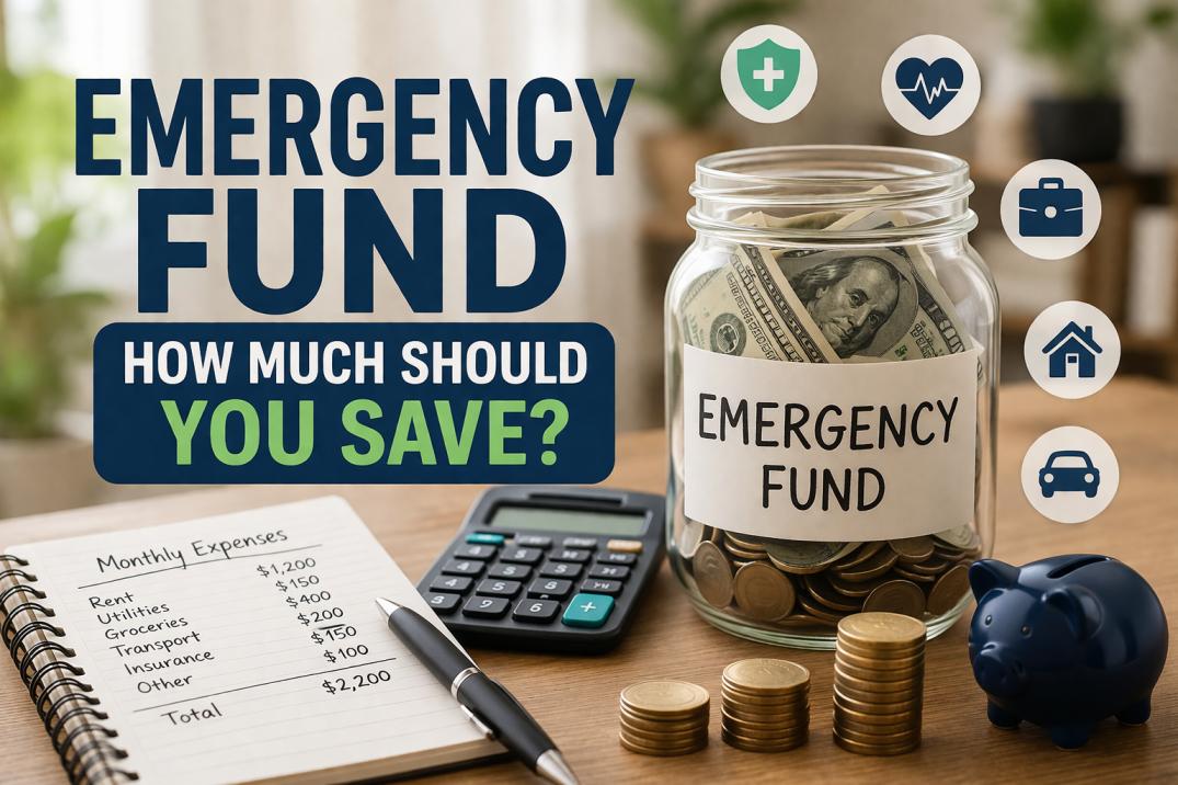 Emergency fund savings concept with cash jar, calculator, notebook, and budget planning setup