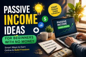“Passive income ideas for beginners with no money – person working on laptop with charts, money, and notebook, showing ways to earn online and build financial freedom.”
