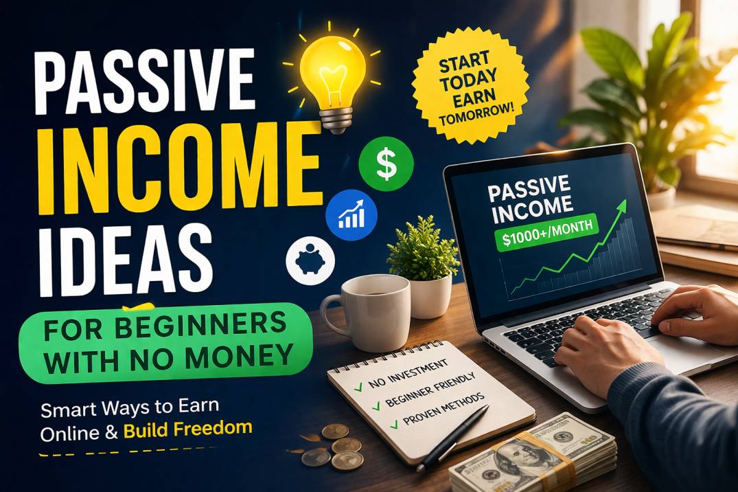 “Passive income ideas for beginners with no money – person working on laptop with charts, money, and notebook, showing ways to earn online and build financial freedom.”