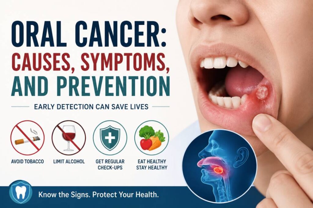 Illustration showing Oral Cancer symptoms and prevention tips, including a mouth sore on the inner cheek, tobacco and alcohol warning icons, and oral health awareness graphics.