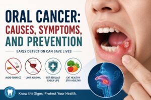 Illustration showing Oral Cancer symptoms and prevention tips, including a mouth sore on the inner cheek, tobacco and alcohol warning icons, and oral health awareness graphics.