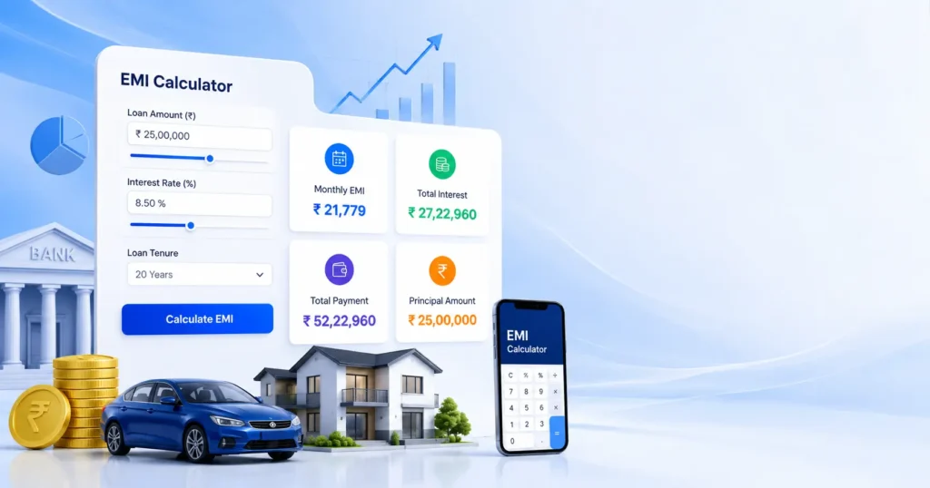 Free EMI Calculator to calculate monthly loan EMI, total interest, principal amount, and total payment online for home, car, and personal loans.