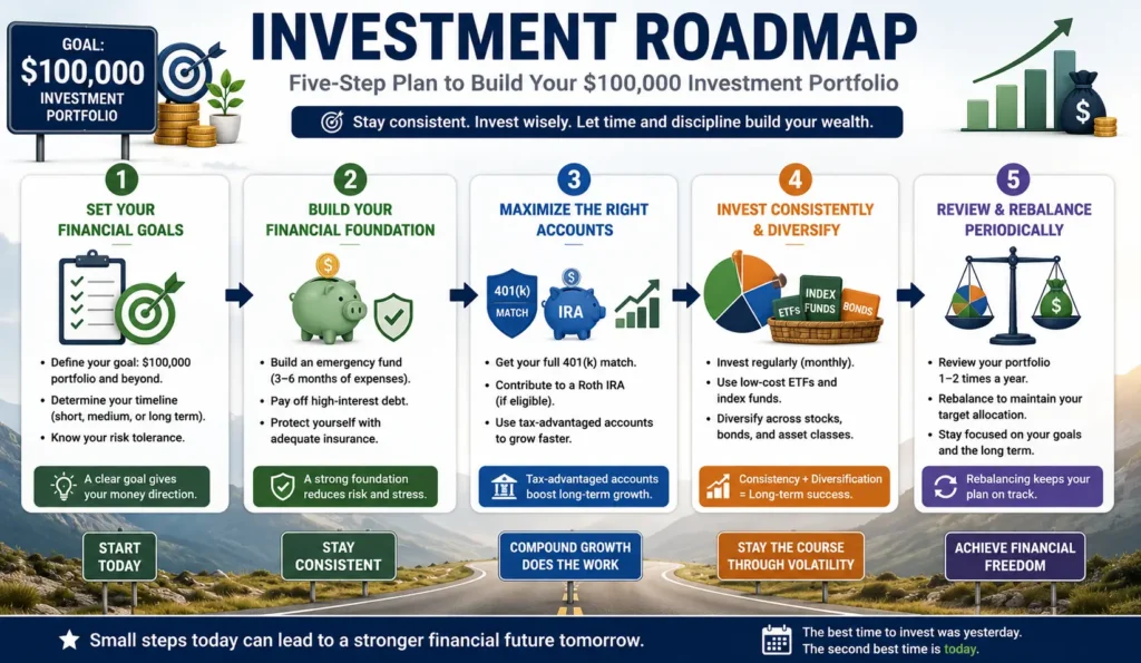 Five-step roadmap for building a $100,000 investment portfolio.