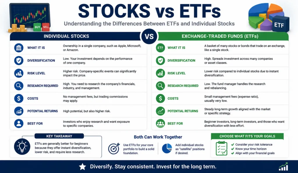 Stocks versus ETFs comparison for beginner investors.