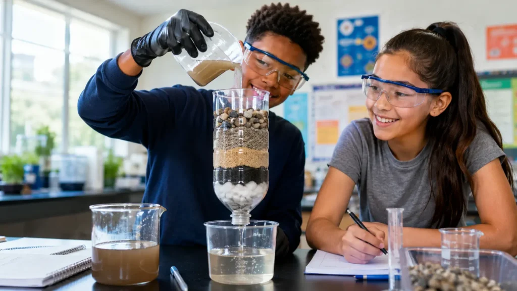 Water filtration science project showing a homemade water filter made with gravel, sand, activated charcoal, and cotton
