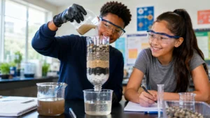 Water filtration science project showing a homemade water filter made with gravel, sand, activated charcoal, and cotton