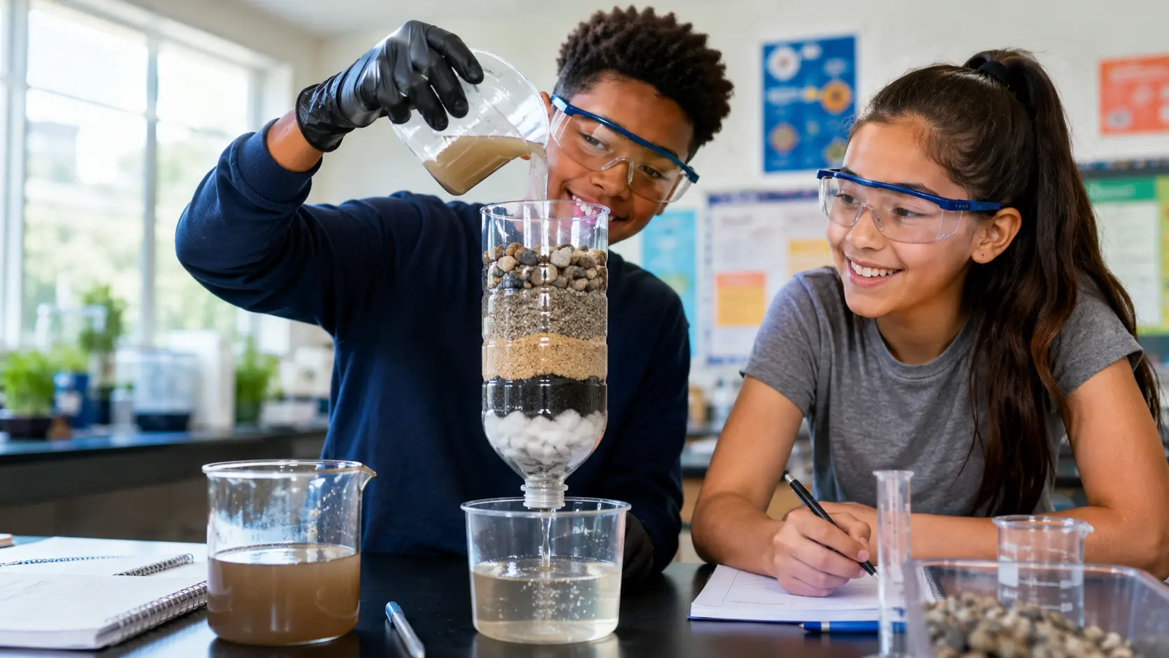 Water filtration science project showing a homemade water filter made with gravel, sand, activated charcoal, and cotton