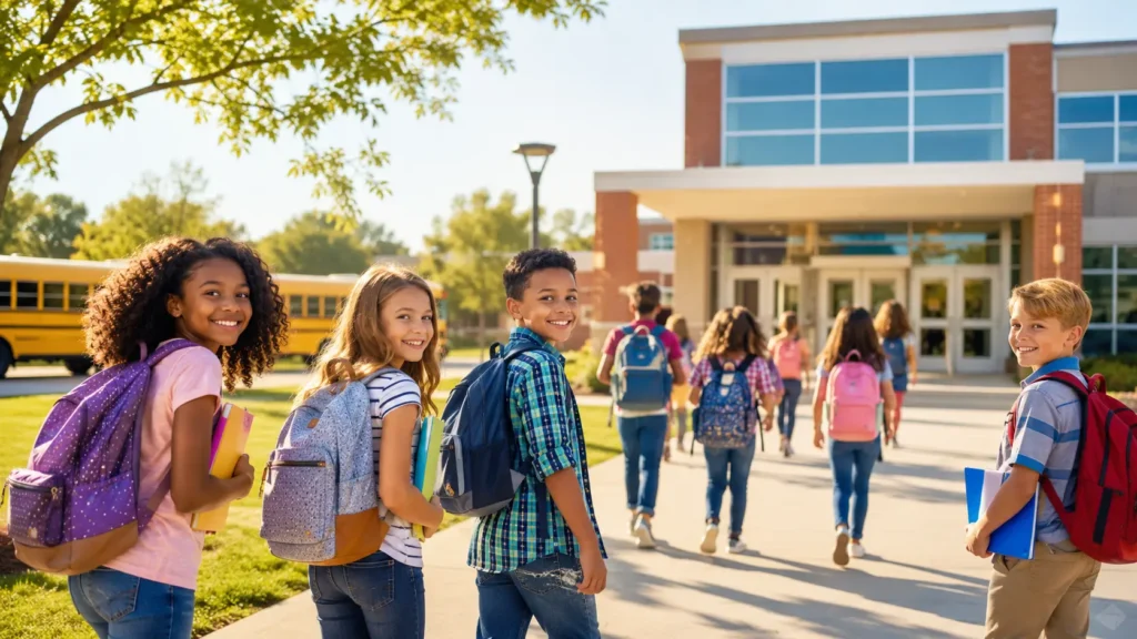 Diverse American students with backpacks returning to school for a new school year