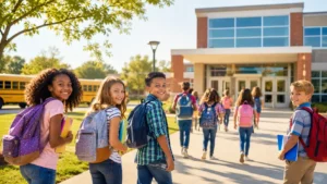 Diverse American students with backpacks returning to school for a new school year